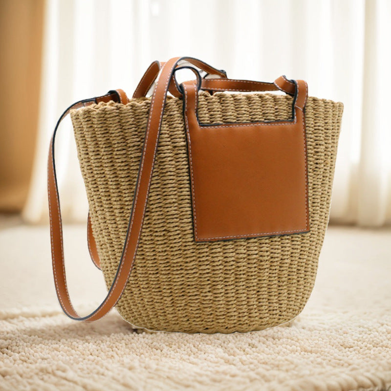 New Shoulder Round Woven Straw Bucket Bag