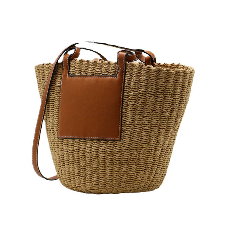 New Shoulder Round Woven Straw Bucket Bag