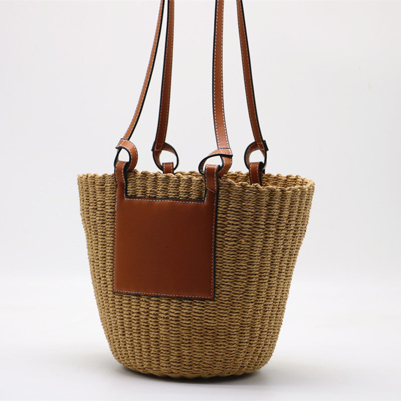 New Shoulder Round Woven Straw Bucket Bag