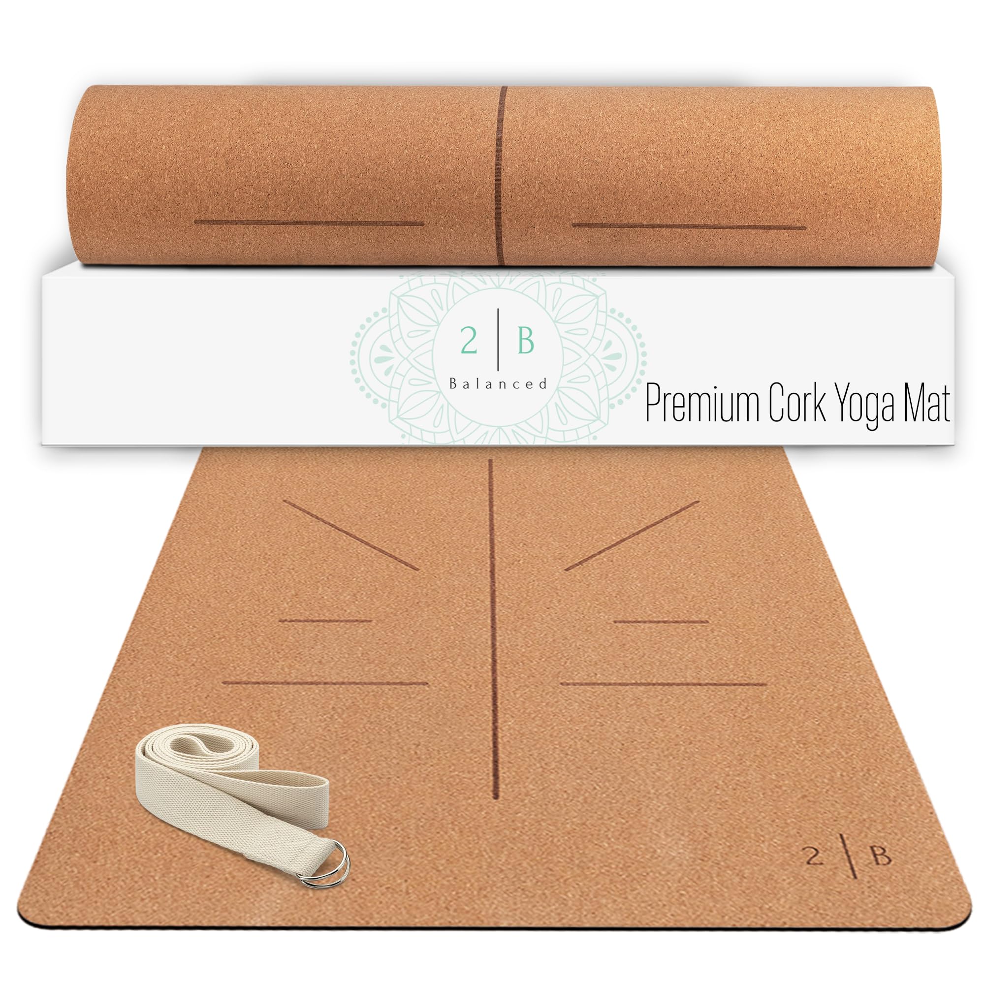 Natural Cork Yoga Mat – Lightweight & Non-Slip Yoga Mat – Non-Toxic Cork Yoga Mat Sustainable – 5mm Thick for Superior Grip & Comfort – Yoga Mat With Strap and Alignment Lines for Guidance – Ideal for Hot Yoga & Fitness