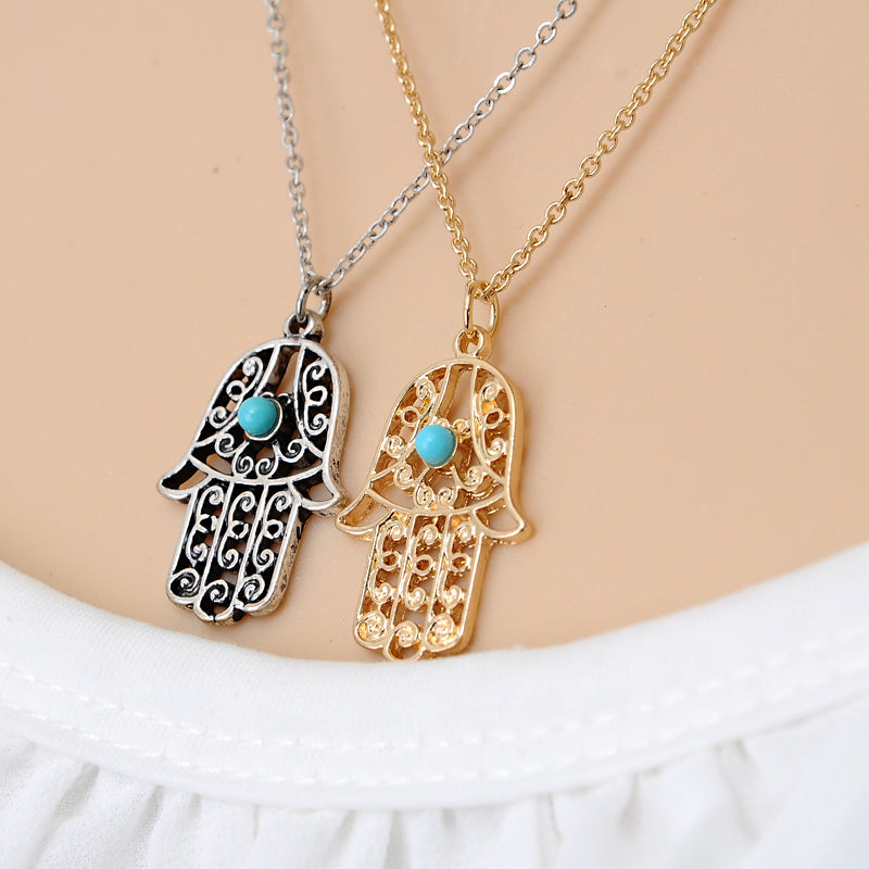 Zhuang Zhou New Turquoise Hamsa Hand Necklace 3055
