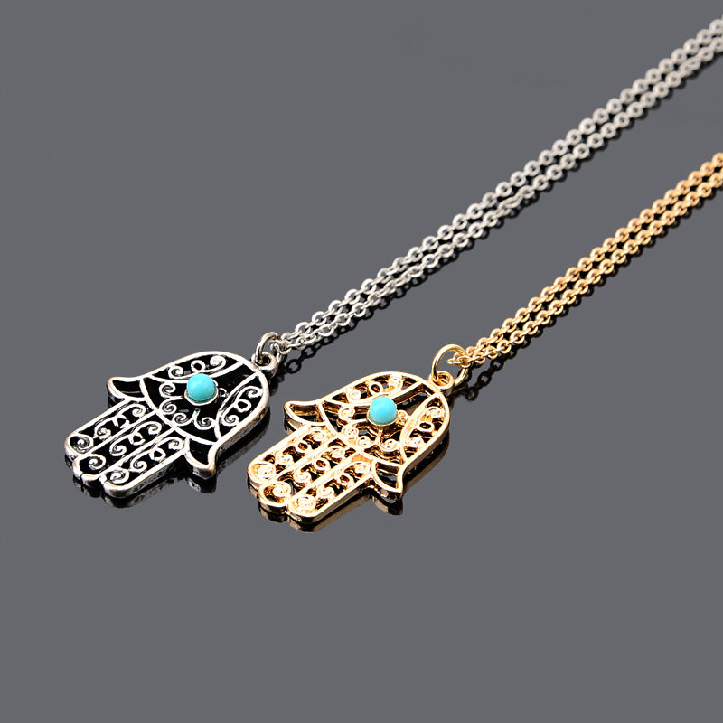 Zhuang Zhou New Turquoise Hamsa Hand Necklace 3055