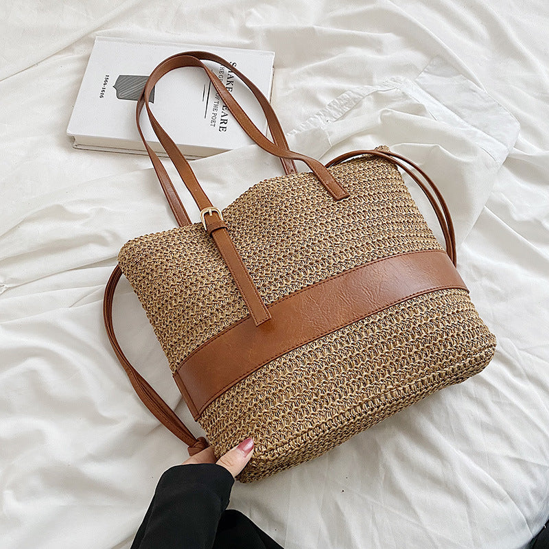 Women's One Shoulder Patchwork Straw Woven Bag