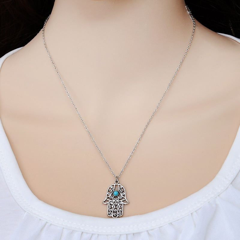Zhuang Zhou New Turquoise Hamsa Hand Necklace 3055