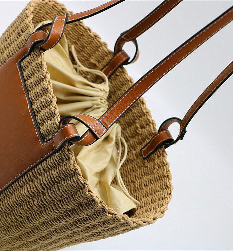 New Shoulder Round Woven Straw Bucket Bag