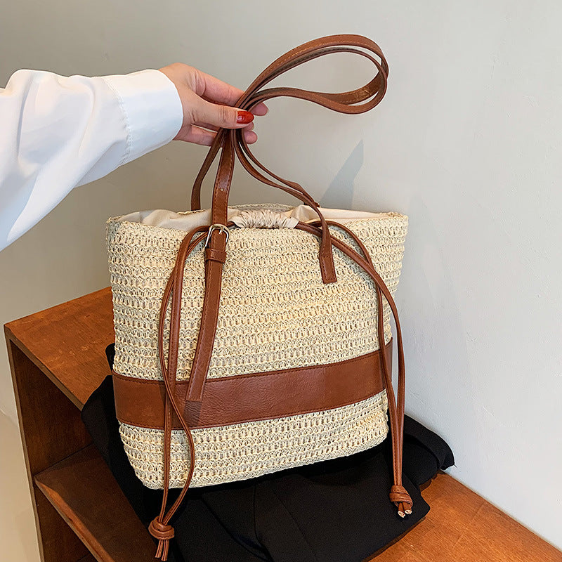 Women's One Shoulder Patchwork Straw Woven Bag