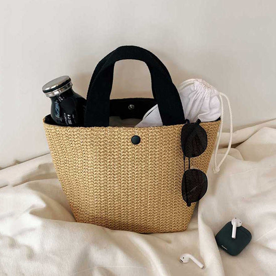 Woven Grass Straw Tote Bag - Beach Bucket Style