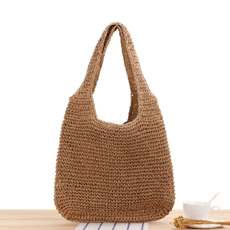 Hand Woven Brown Beige Straw Shoulder Bag for Women
