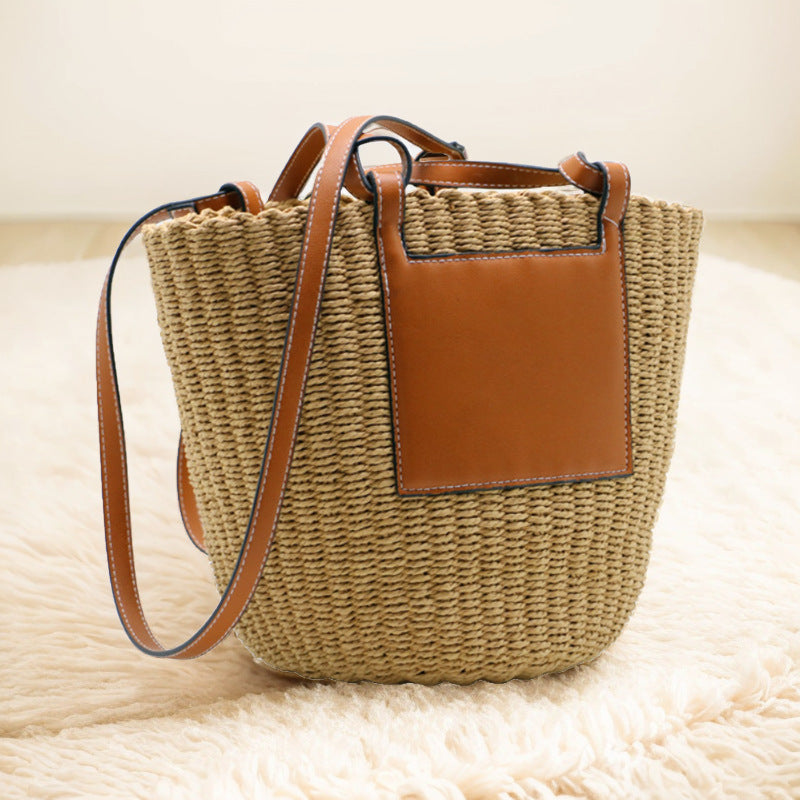 New Shoulder Round Woven Straw Bucket Bag