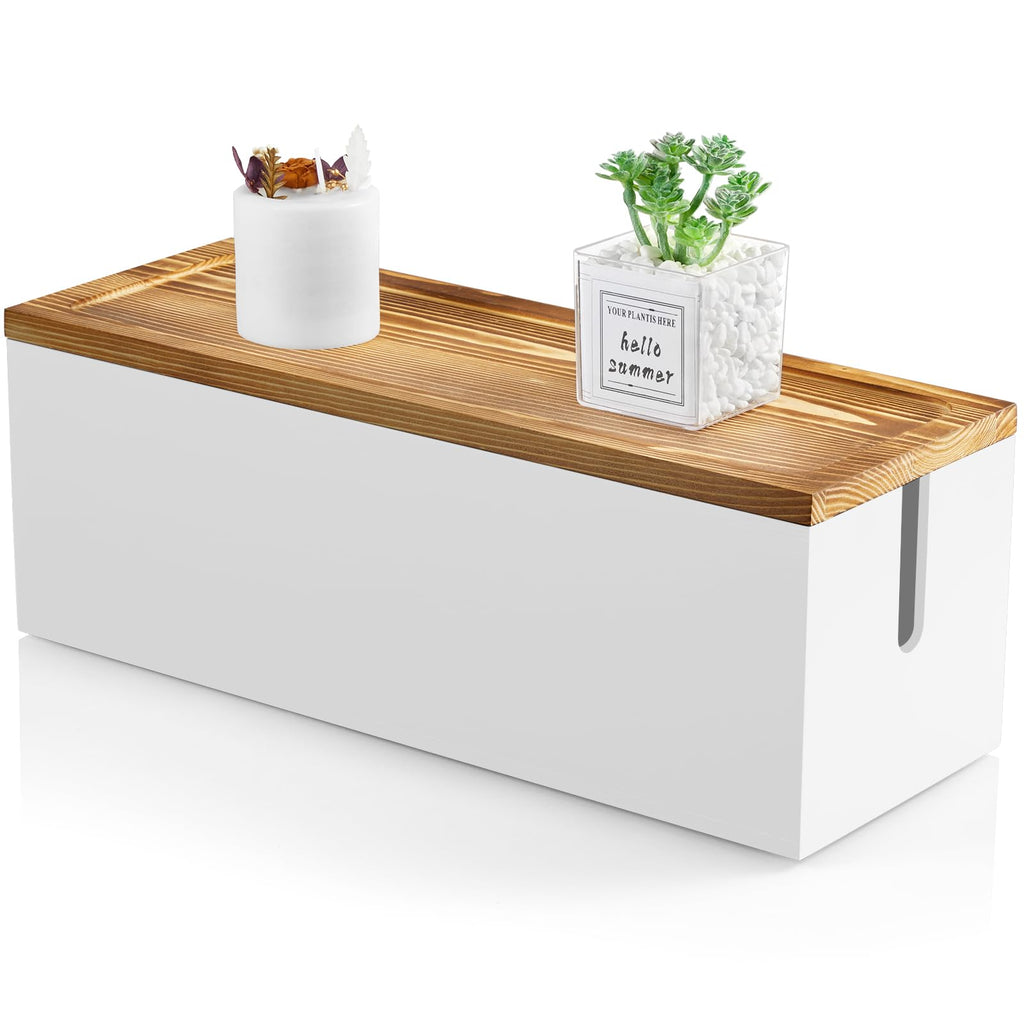 Bivvclaz Large Cable Management Box Wooden Cord Organizer Box for Under Desk TV Computer Router USB Hub to Cover and Hide Extension Cords Power Stripes Surge Protectors Chargers Wires White