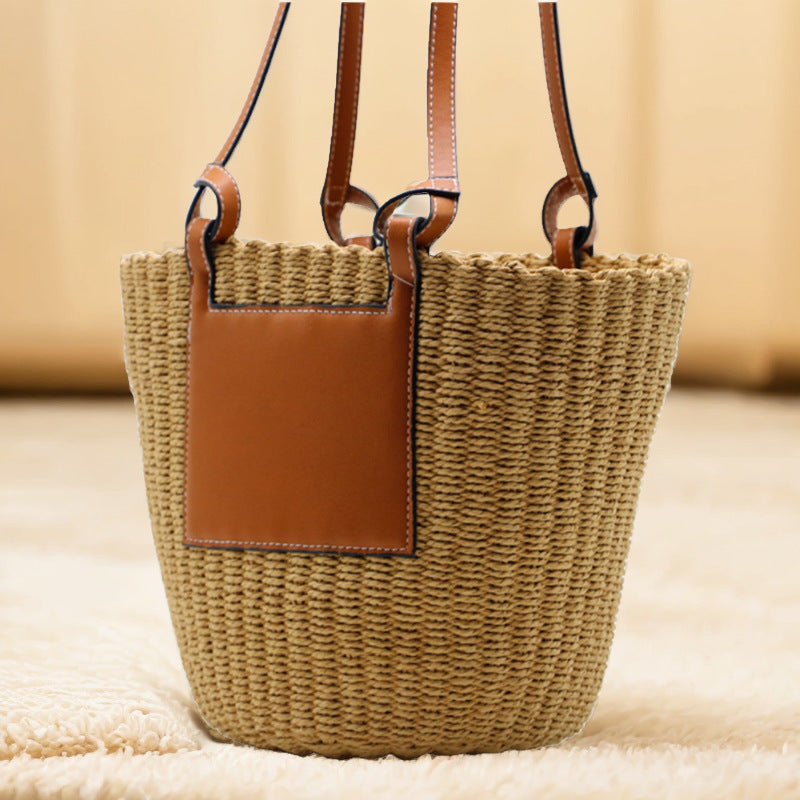 New Shoulder Round Woven Straw Bucket Bag