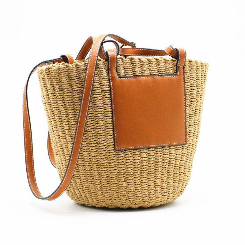 New Shoulder Round Woven Straw Bucket Bag