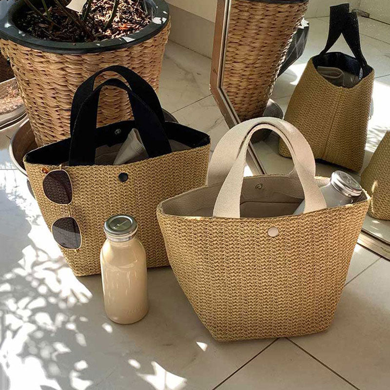 Woven Grass Straw Tote Bag - Beach Bucket Style